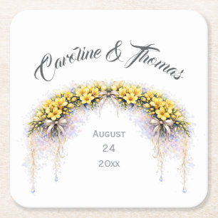 Porta-copo De Papel Quadrado Casamento Floral Romântico Amarelo Canário de Free