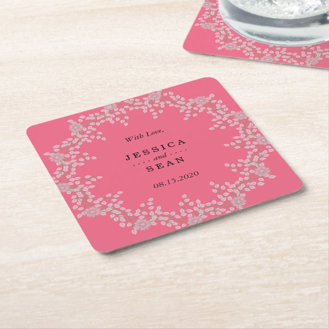 Porta-copo De Papel Quadrado Casamento Floral Rosa Chic e Pérolas (Inclinado)