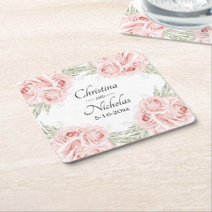Porta-copo De Papel Quadrado Casamento Floral Rosa em Aquarela Elegante