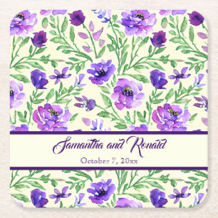 Porta-copo De Papel Quadrado Casamento Floral Roxo e Verde