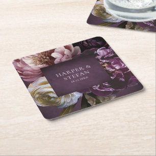 Porta-copo De Papel Quadrado Casamento Floral Roxo Maximalista Elegante