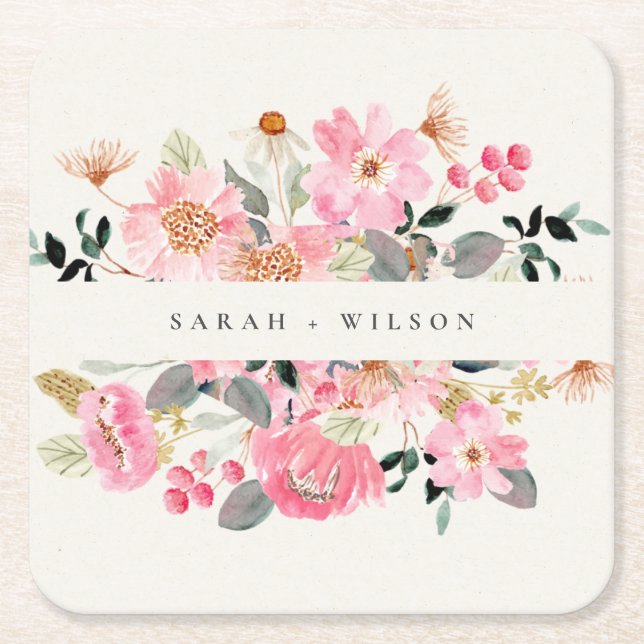 Porta-copo De Papel Quadrado Casamento Floral Rustic Lively Blush Pink Watercol (Frente)