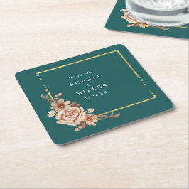 Porta-copo De Papel Quadrado Casamento Floral Terracota Aquarela Azul Outono
