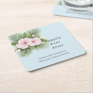 Porta-copo De Papel Quadrado Casamento Floral Tropical Azul-Rosa Hibiscus