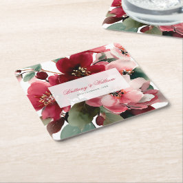 Porta-copo De Papel Quadrado Casamento Floral Vermelho com Tema de Natal