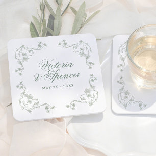 Porta-copo De Papel Quadrado Casamento Floral Vintage Verde Salvia