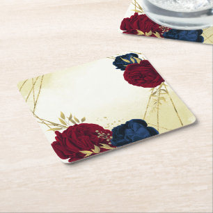 Porta-copo De Papel Quadrado casamento flores vermelhas folhas douradas marinha