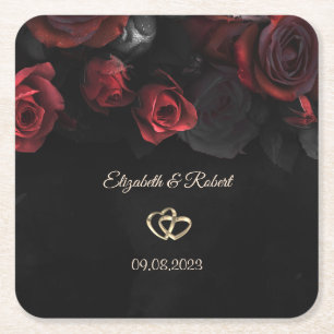 Porta-copo De Papel Quadrado Casamento Gótico de Rosas Vermelhas Elegantes