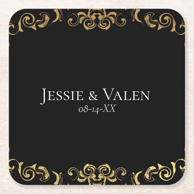 Porta-copo De Papel Quadrado Casamento Gótico Dourado e Negra (Frente)