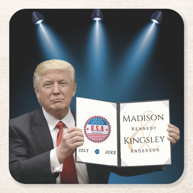 Porta-copo De Papel Quadrado Casamento mais incrível do Trump (Frente)