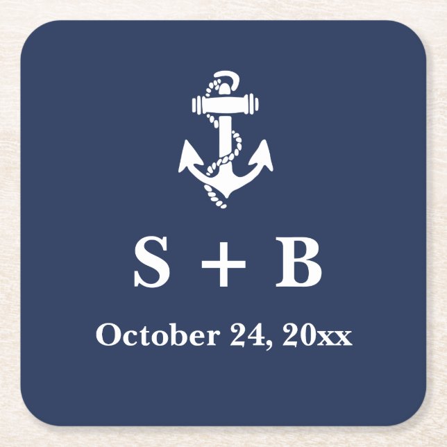 Porta-copo De Papel Quadrado Casamento marinho Azul Anchor Náutico Praia Oceâni (Frente)