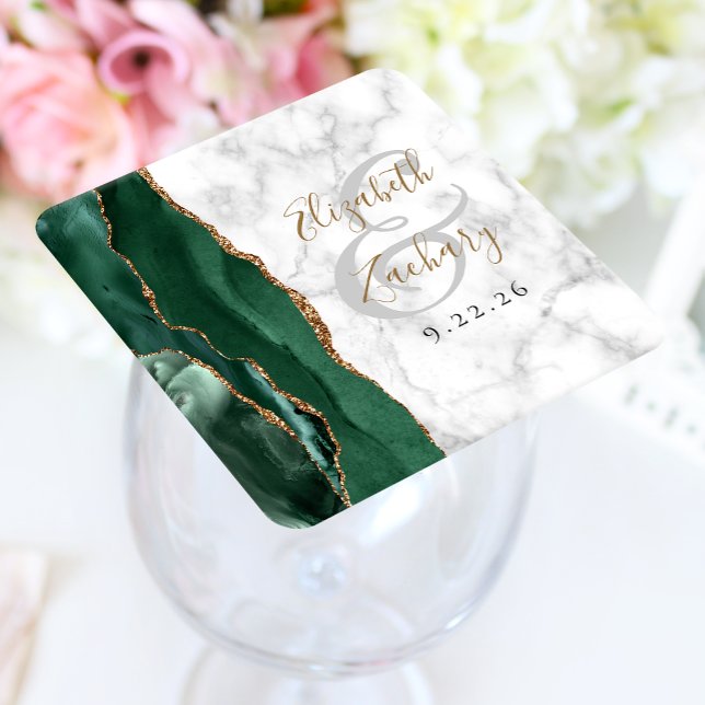 Porta-copo De Papel Quadrado Casamento Mármore Verde Esmeralda Script Ágata (Criador carregado)