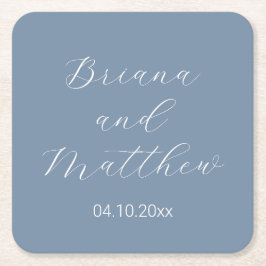 Porta-copo De Papel Quadrado Casamento Minimalista em Caligrafia Azul Poeira
