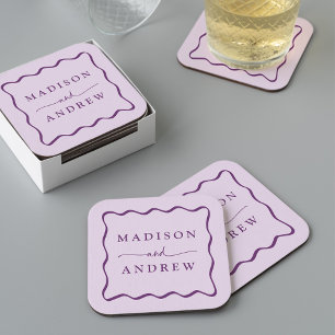 Porta-copo De Papel Quadrado Casamento Moderno com Moldura Ondulada Roxa