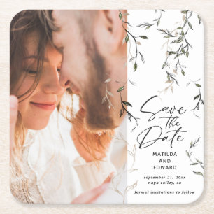 Porta-copo De Papel Quadrado Casamento moderno da folhagem botânica em folha es