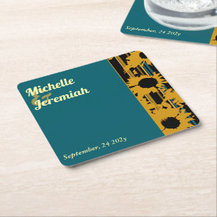 Porta-copo De Papel Quadrado Casamento Moderno de Girassol Azul Teal Dourado