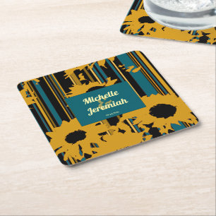 Porta-copo De Papel Quadrado Casamento Moderno de Girassol Azul Teal Dourado
