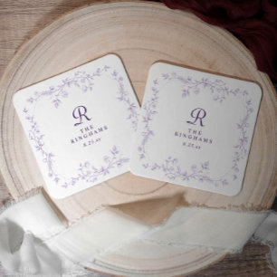 Porta-copo De Papel Quadrado Casamento Monograma Floral Francês Lavanda Roxo