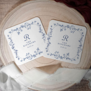Porta-copo De Papel Quadrado Casamento Monograma Vitoriano Floral Azul Marinho