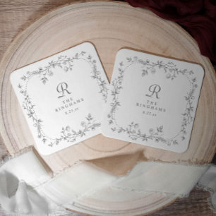 Porta-copo De Papel Quadrado Casamento Monograma Vitoriano Floral Cinza Francês
