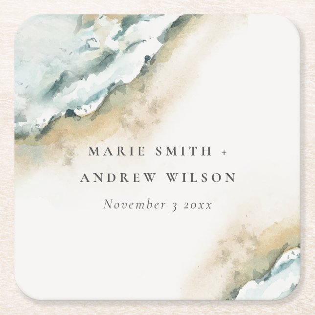 Porta-copo De Papel Quadrado Casamento Náutico na Praia das Ondas Costeiras de  (Frente)