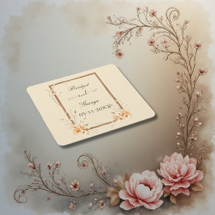 Porta-copo De Papel Quadrado Casamento Neutro Floral Rustico