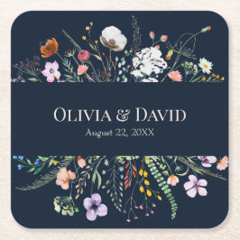 Porta-copo De Papel Quadrado Casamento no Campo de Flores Silvestres Azul-Marin