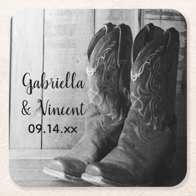 Porta-copo De Papel Quadrado Casamento Ocidental Rustic Cowboy Boots Country (Frente)