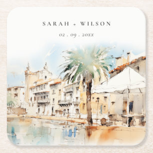 Porta-copo De Papel Quadrado Casamento Paisagem Aquarela em Maiorca Espanha