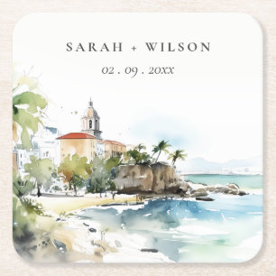 Porta-copo De Papel Quadrado Casamento Paisagem Aquarela em San Juan Porto Rico