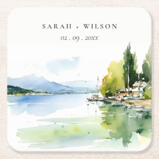 Porta-copo De Papel Quadrado Casamento Paisagem Aquarela Lago de Genebra Suíça