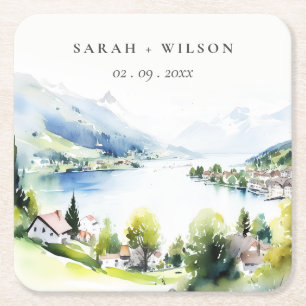 Porta-copo De Papel Quadrado Casamento Paisagem Aquarela Lungern Suíça