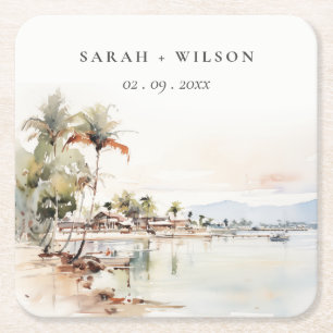 Porta-copo De Papel Quadrado Casamento Paisagem Aquarela Montego Bay Jamaica