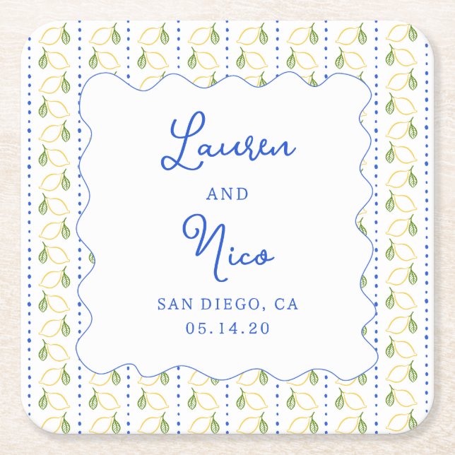 Porta-copo De Papel Quadrado Casamento Personalizado De Amalfi Azul E Amarelo D (Frente)