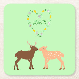 Porta-copo De Papel Quadrado Casamento Personalizado de Deer Casal e Daisy Hear