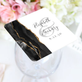 Porta-copo De Papel Quadrado Casamento Preto Dourado Roteiro de Ágata Geodo