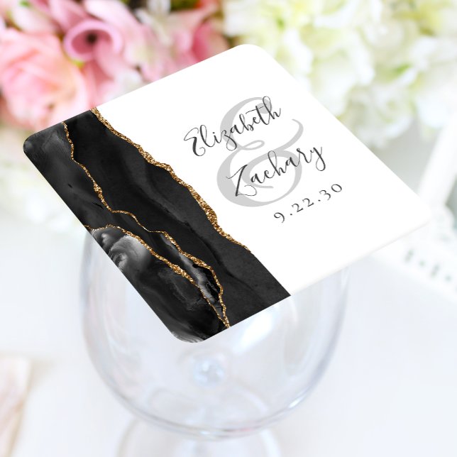 Porta-copo De Papel Quadrado Casamento Preto Dourado Roteiro de Ágata Geodo (Criador carregado)
