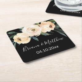 Porta-copo De Papel Quadrado Casamento Preto Floral Beige