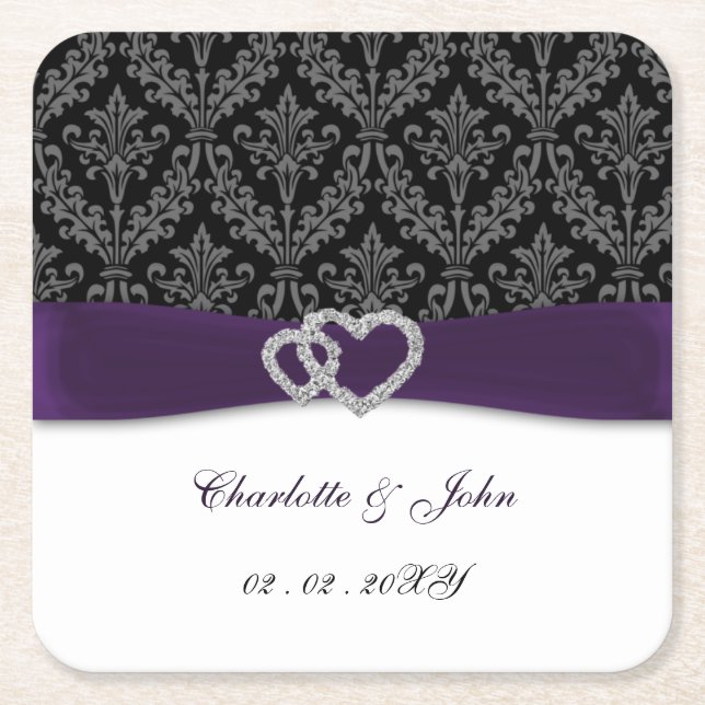 Porta-copo De Papel Quadrado Casamento Purple Damask Diamante (Frente)