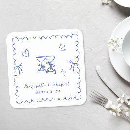 Porta-copo De Papel Quadrado Casamento Quadro Ondulado Azul Caprichoso