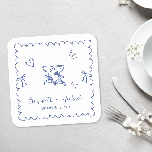 Porta-copo De Papel Quadrado Casamento Quadro Ondulado Azul Caprichoso (Whimsical Blue Wavy Frame Wedding Square Paper Coaster)