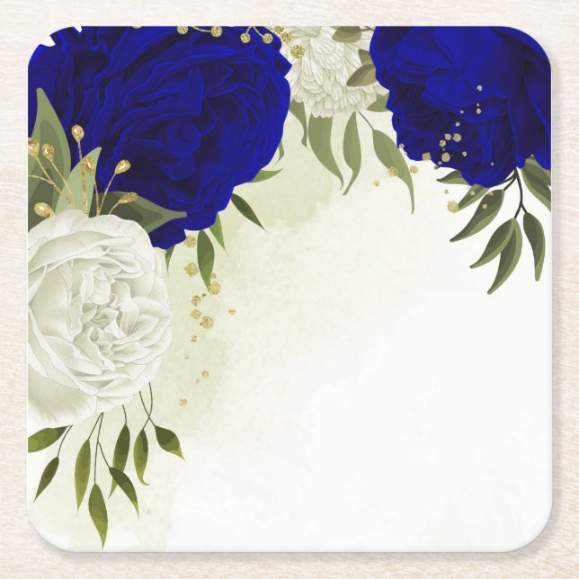 Porta-copo De Papel Quadrado casamento real com flores brancas e azuis (Frente)