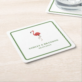 Porta-copo De Papel Quadrado Casamento Retrô de Praia Flamingo Trópicos