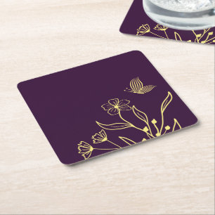 Porta-copo De Papel Quadrado Casamento roxo de flor de ouro elegante romântico