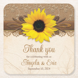 Porta-copo De Papel Quadrado Casamento Rustic Burlap Lace Wood Sunflower