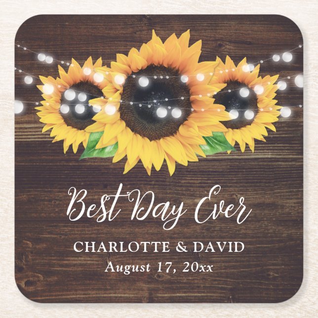 Porta-copo De Papel Quadrado Casamento Rustic Country Wood Sunflower (Frente)