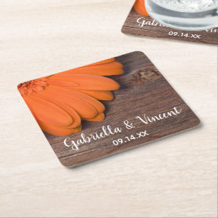Porta-copo De Papel Quadrado Casamento Rustic Orange Daisy Barn Wood Country