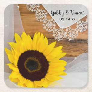 Porta-copo De Papel Quadrado Casamento Rustic Sunflower and Lace Country