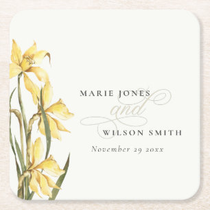 Porta-copo De Papel Quadrado Casamento Rustic Yellow Daffodil Floral Watercolor