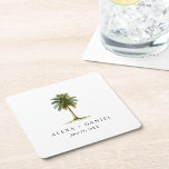 Porta-copo De Papel Quadrado Casamento Tropical de Palm Real<br><div class="desc">Palmeiras reais alinham muitas ruas bonitas em cidades costeiras e locais tropicais. Simbolizando elegância e esplendor tropical, esta porta copos personalizada personalizada de bebida de casamento apresenta uma palma real de aquarela com um modelo de texto que inclui os nomes da noiva e do noivo e a data do casamento....</div>